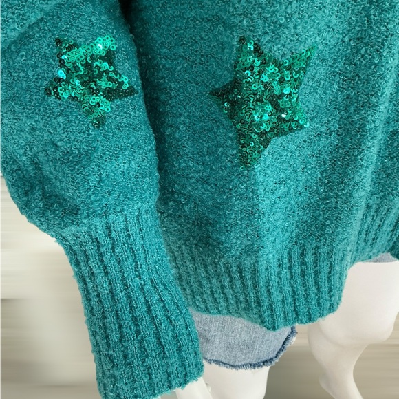 PEACH LOVE CALIFORNIA ever so soft sequin star teal sweater S M L - Picture 9 of 10
